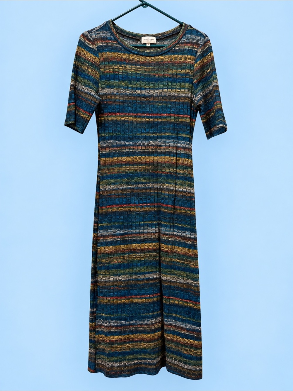 Monteau Multicolor Striped Short-Sleeve Midi Dress — Blue, Green, Brown